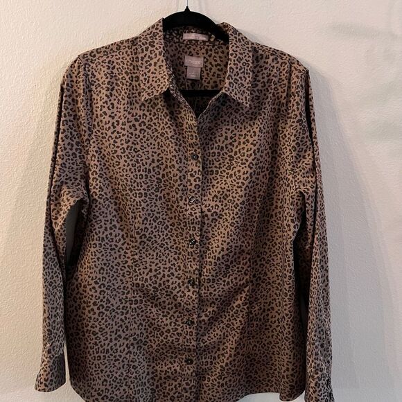 NWT Chico’s Shirt No-iron Coolmax All Seasons Animal Print Size 2 (Lg 12) Brown - Picture 1 of 7